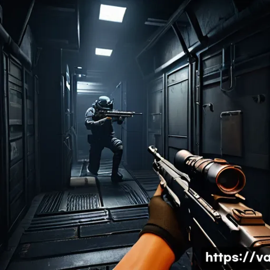 발로란트 최고의 헤드샷 명당 - A narrow corridor in a tactical shooter game environment, dimly lit with shadows and slight fog, sho...