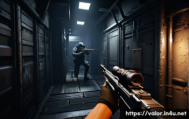 발로란트 최고의 헤드샷 명당 - A narrow corridor in a tactical shooter game environment, dimly lit with shadows and slight fog, sho...