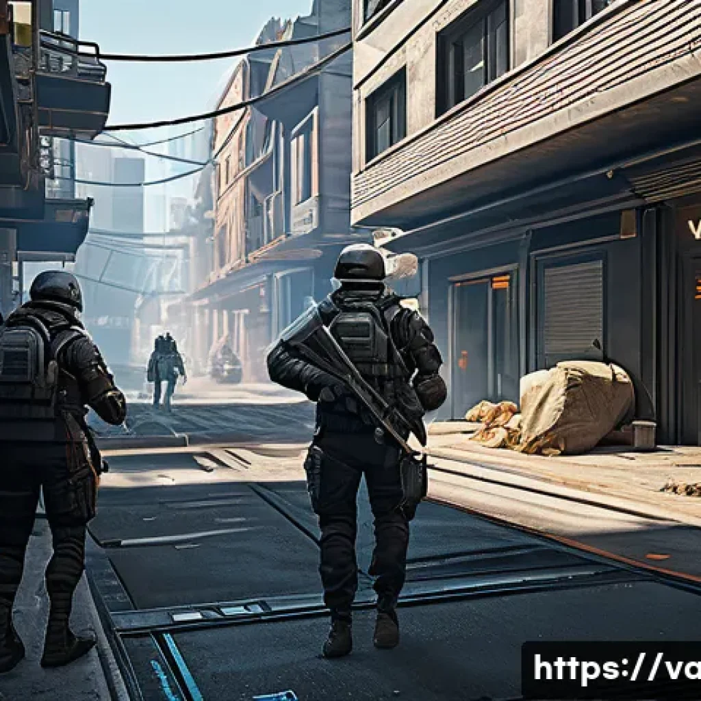 발로란트 복귀 유저 가이드 - A dynamic Valorant game map scene featuring a futuristic urban environment with multiple pathways an...