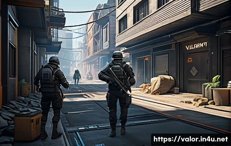 발로란트 복귀 유저 가이드 - A dynamic Valorant game map scene featuring a futuristic urban environment with multiple pathways an...