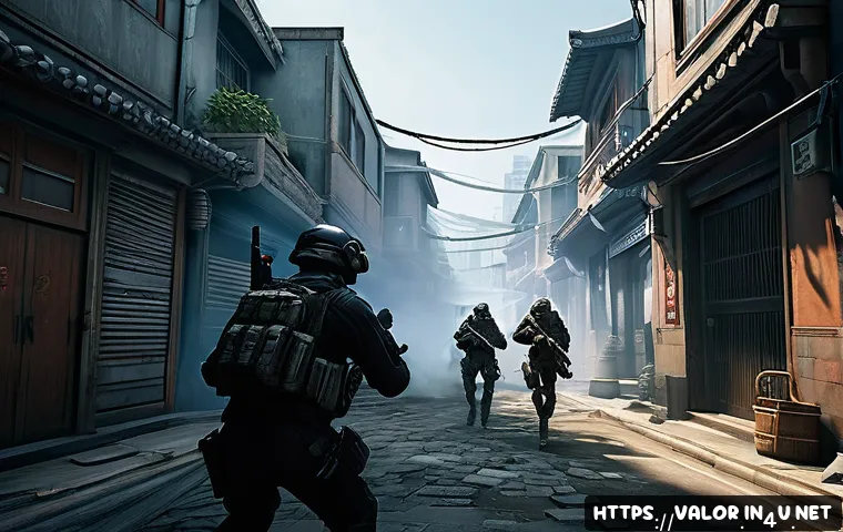 발로란트 스킬 조합 가이드 - A dynamic tactical scene from a first-person shooter game featuring a team of diverse agents coordin...