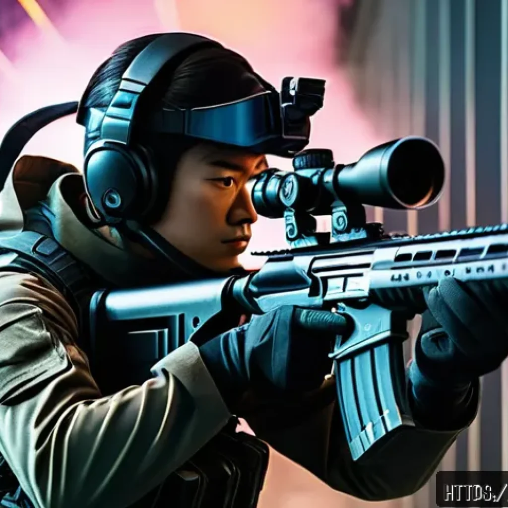 발로란트 오퍼레이터 활용법 - A detailed scene of a Valorant player holding the Operator sniper rifle in a tactical stance, focusi...