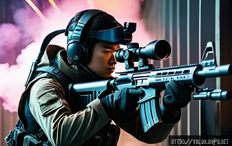 발로란트 오퍼레이터 활용법 - A detailed scene of a Valorant player holding the Operator sniper rifle in a tactical stance, focusi...