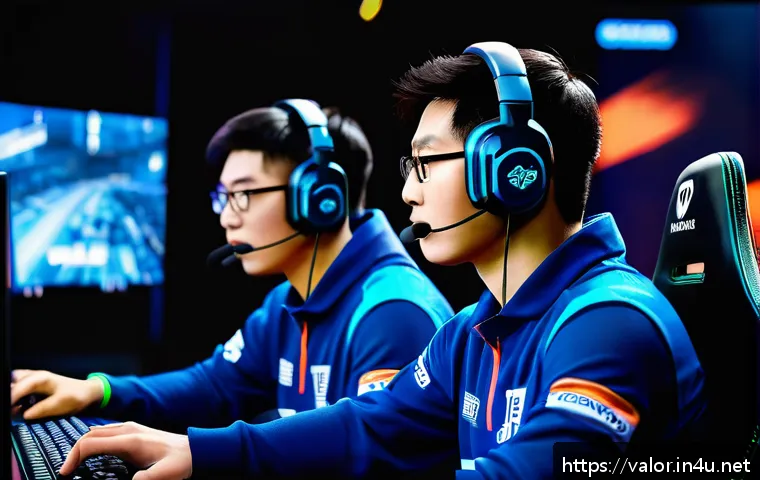 발로란트 최고의 경기 전략 콘텐츠 - A dynamic esports scene depicting a professional Valorant team in intense communication during a mat...