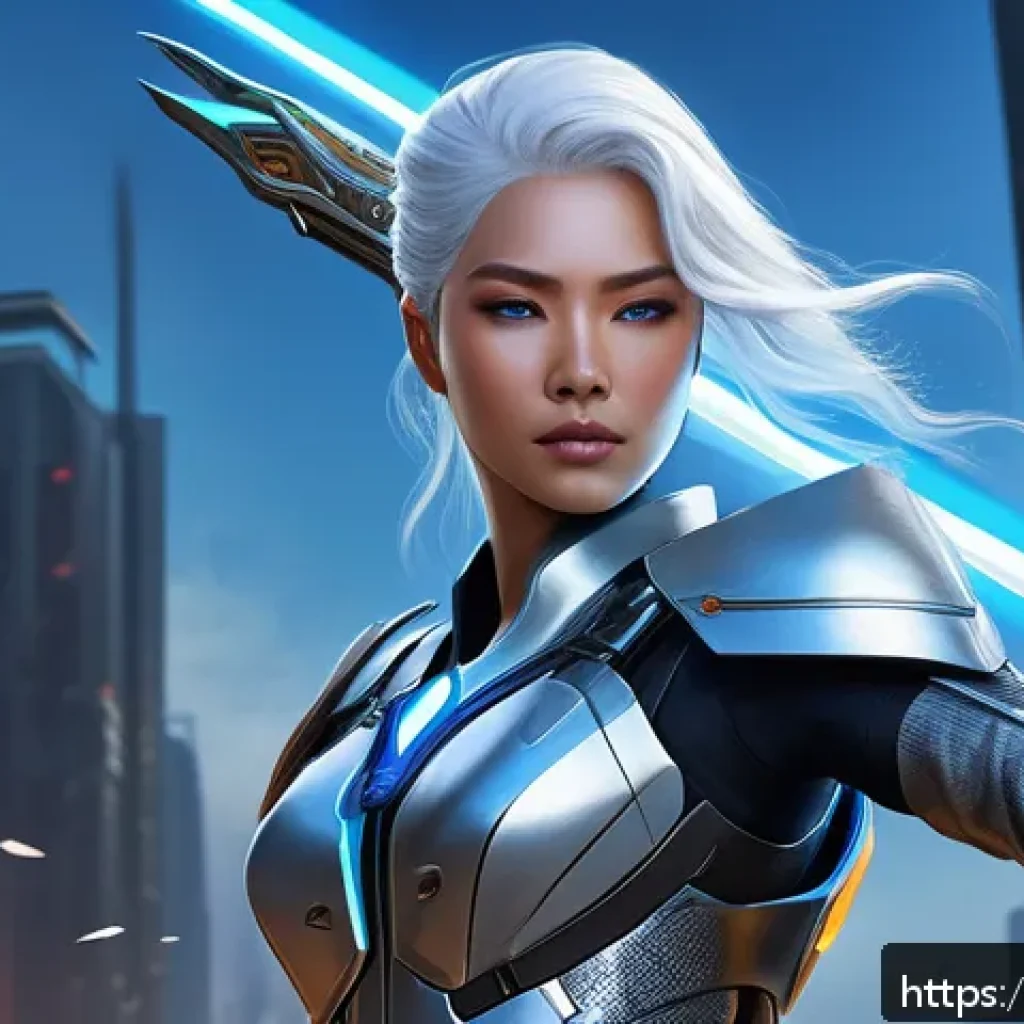 발로란트 새로운 콘텐츠의 매력 - A detailed digital painting of a futuristic female warrior known as "Dawn Saint Onette" from the Org...