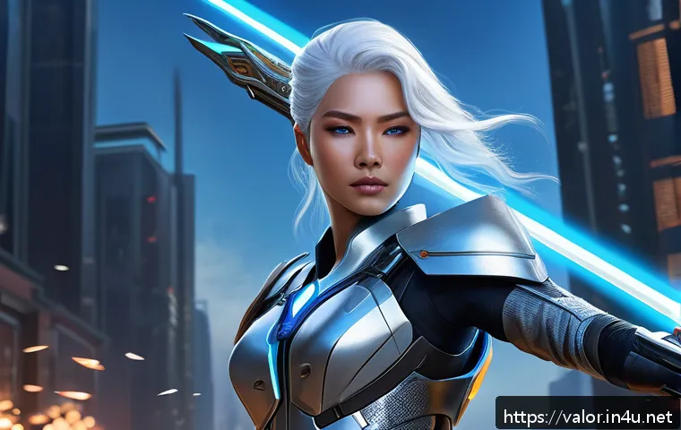 발로란트 새로운 콘텐츠의 매력 - A detailed digital painting of a futuristic female warrior known as "Dawn Saint Onette" from the Org...