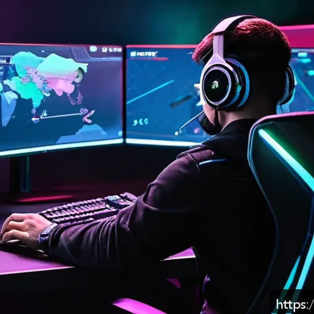발로란트 유저 통계 사이트 활용법 - A detailed scene of a professional Valorant player’s gaming setup, featuring multiple monitors displ...