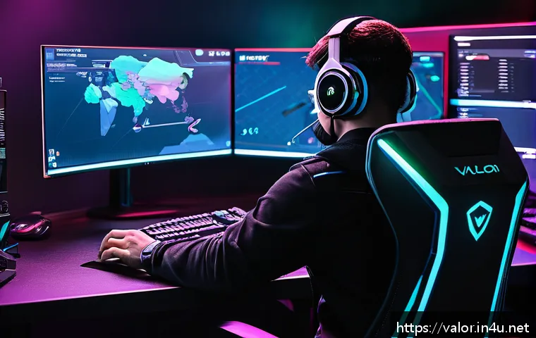 발로란트 유저 통계 사이트 활용법 - A detailed scene of a professional Valorant player&rsquo;s gaming setup, featuring multiple monitors displ...