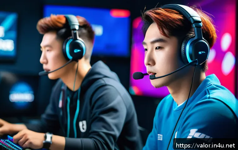 발로란트 커뮤니티에서 살아남는 법 - A vibrant esports team in a modern gaming room, focused and communicating clearly through headsets; ...