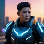 Home 22 발로란트 시즌별 콘텐츠 업데이트 - A futuristic Valorant agent standing confidently on a sleek urban battlefield at dusk, equipped with...