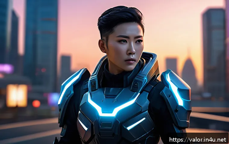 발로란트 시즌별 콘텐츠 업데이트 - A futuristic Valorant agent standing confidently on a sleek urban battlefield at dusk, equipped with...
