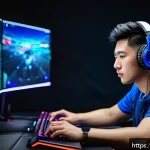 Home 21 발로란트 프로게이머 분석 - A focused esports player sitting at a professional gaming setup with multiple monitors displaying Va...