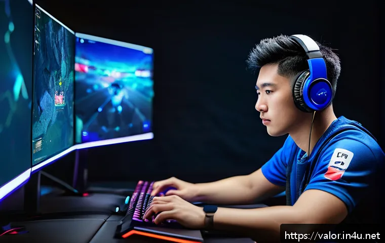 발로란트 프로게이머 분석 - A focused esports player sitting at a professional gaming setup with multiple monitors displaying Va...