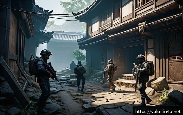 발로란트 게임 내 변화의 중요성 - A dynamic and detailed scene of the Valorant map "Abyss," showcasing complex terrain with narrow cor...