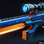 Home 18 발로란트 스킨의 진화 과정 - A futuristic Valorant weapon skin mid-evolution, glowing with vibrant electric blue and fiery orange...