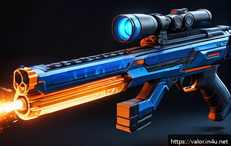 발로란트 스킨의 진화 과정 - A futuristic Valorant weapon skin mid-evolution, glowing with vibrant electric blue and fiery orange...
