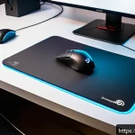 Home 23 발로란트 추천 마우스 패드 - A high-resolution close-up image of a professional gaming setup focused on a SteelSeries QCK PRO mou...