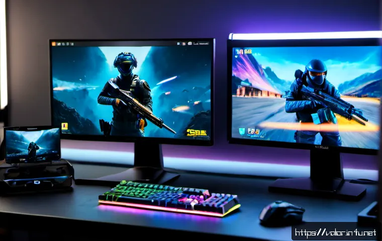 발로란트 스킨 종류 및 가격 - Photorealistic gaming desk scene showing a modern monitor with a generic colorful tactical shooter i...