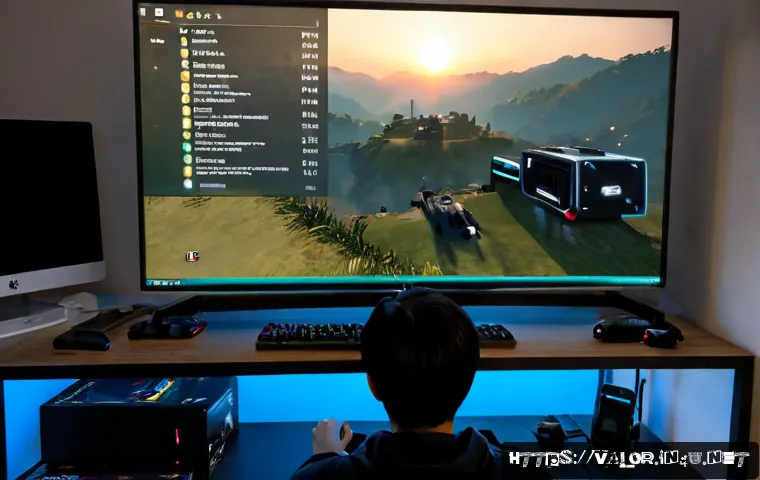 Home 15 발로란트 게임 내 문제 해결 방법 - Photorealistic home gaming setup showing a focused young adult troubleshooting a competitive first-p...