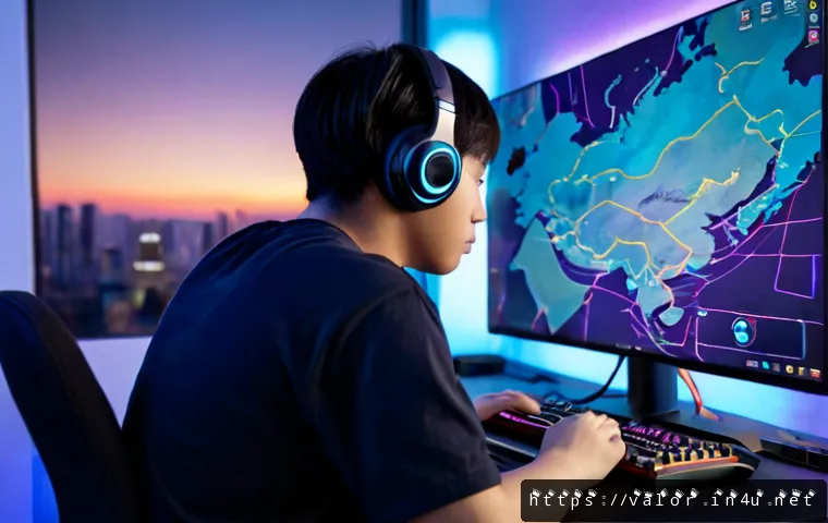Home 15 발로란트 아시아 서버 특징 - Photorealistic esports gaming setup in a modern East Asian city apartment at dusk, focused young adu...