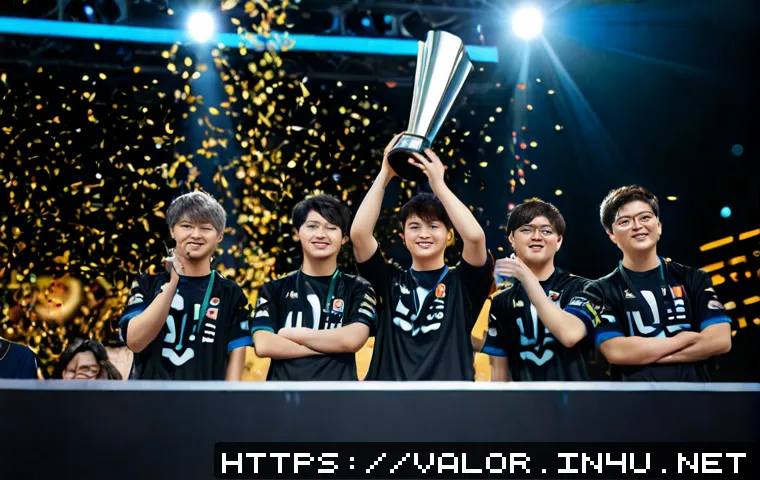 발로란트 세계 챔피언십 결과 - Photorealistic esports championship arena after a tactical shooter world final, a diverse winning te...