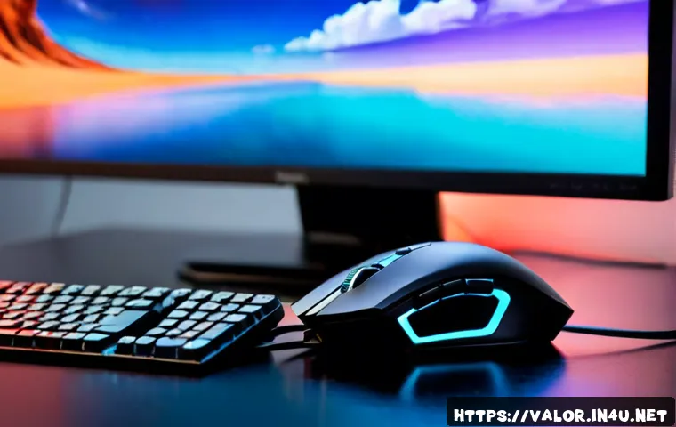 Home 17 발로란트 마우스 DPI 가이드 - Photorealistic close-up of a clean gaming desk showing a right hand using a modern wired gaming mous...