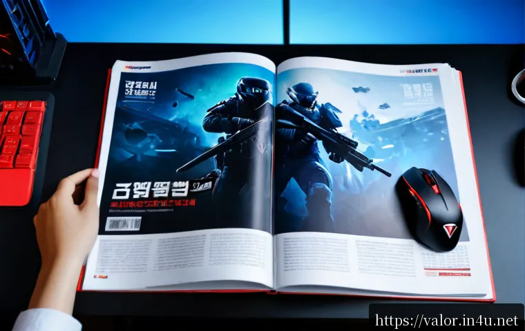 Home 17 발로란트 공식 매거진 소개 - Photorealistic editorial flat lay of a premium esports magazine on a modern gaming desk, open pages ...