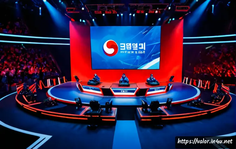 발로란트 최신 e스포츠 팀 순위 - Photorealistic esports tournament stage with two anonymous professional tactical shooter teams seate...