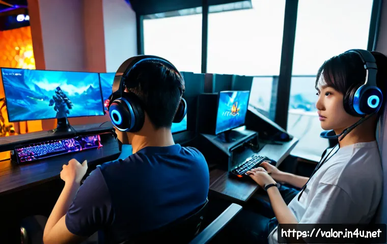 Home 17 발로란트 유럽 서버 특징 - Photorealistic esports scene in a modern European gaming café, diverse young adult teammates wearing...